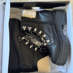 GBG Black Leather Ankle Boots with Shearling Lining